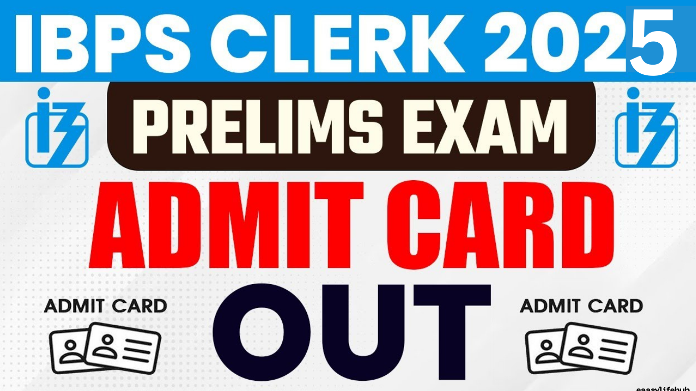 IBPS Clerk Prelims Admit Card 2025 डाउनलोड गाइड का पोस्टर जिसमें एग्जाम डेट्स और www.ibps.in वेबसाइट की जानकारी है।