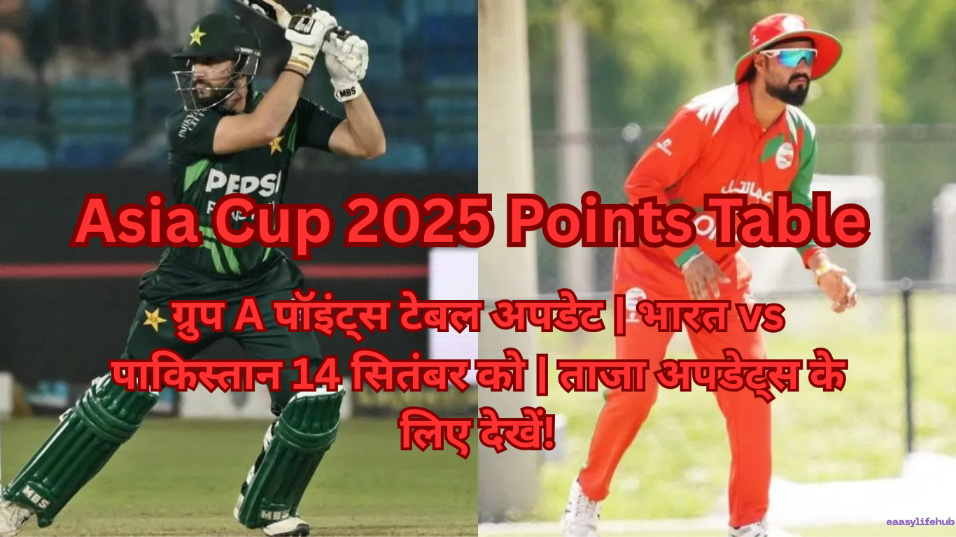 एशिया कप 2025 ग्रुप ए पॉइंट्स टेबल का पोस्टर जिसमें पाकिस्तान की ओमान पर 93 रनों की जीत और भारत की नंबर 1 रैंकिंग हाइलाइट की गई है।