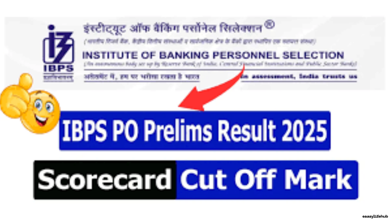 IBPS PO प्रीलिम्स रिजल्ट 2025 लैपटॉप स्क्रीन पर मेरिट लिस्ट और कट ऑफ विवरण के साथ