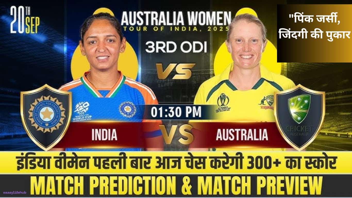 India Women in pink jersey during 3rd ODI 2025 vs Australia at Arun Jaitley Stadium, Delhi, igniting #PinkToofan for breast cancer awareness.