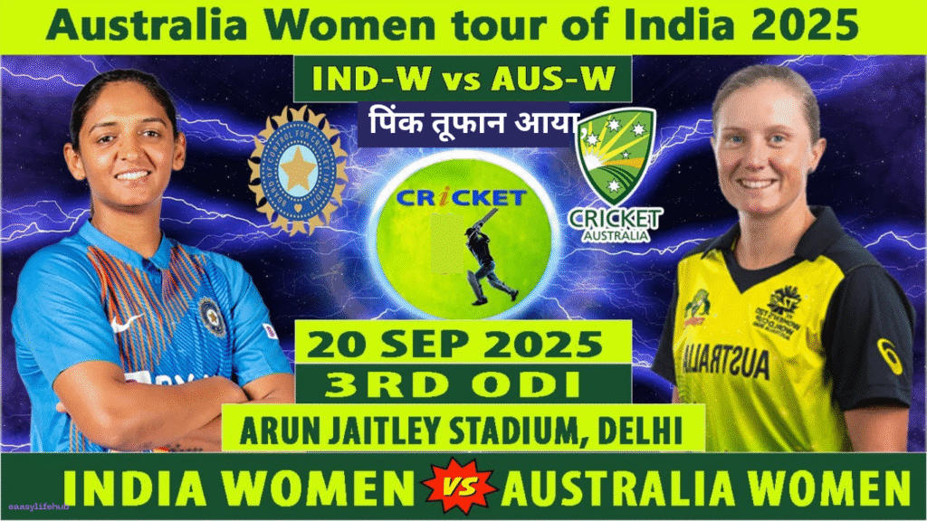 India Women in pink jersey during 3rd ODI 2025 vs Australia at Arun Jaitley Stadium, Delhi, igniting #PinkToofan for breast cancer awareness.
